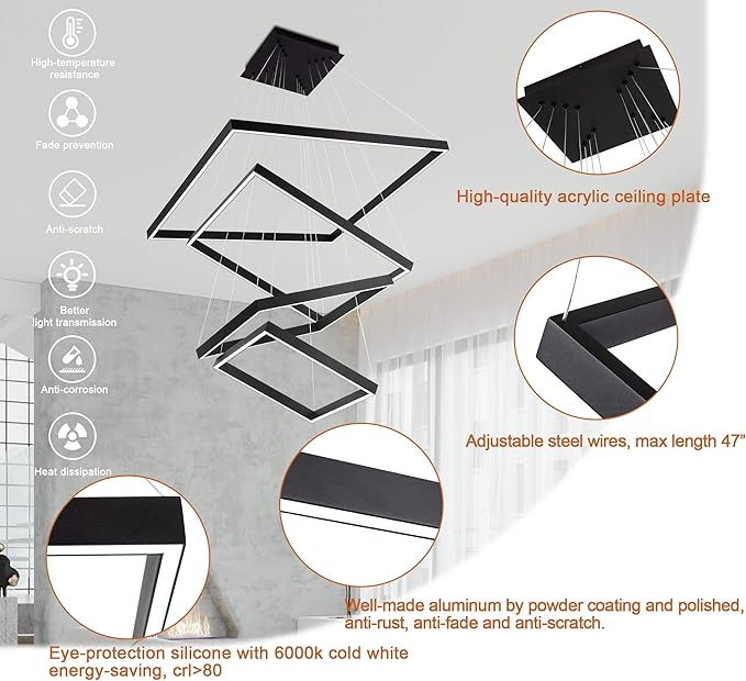 Square Led Chandelier Modern Hanging Light 4-Rings Contemporary Ceiling Pendant Light Dimmable Led Pendant Light for Living Room Kitchen Dining Room 15.7"+19.6"+23.6"+31.4" Black