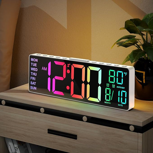 JALL 10.5'' Digital Large Alarm Clock with 8-in-1 RGB Colors, Date, Month, Temperature LED, Auto DST, Modern for Desk, Wall, Living Room, Bedroom, Birthday Xmas Gift (White, 10.5 inches)