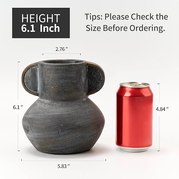 Antique Ceramic Vase with 2 Handles, 6.1 Inch Farmhouse Rustic Vase, Small Decorative Pottery Flower Vases for Home Decor, Wedding, Living Room, Table, Shelf Decor, Black Bronze