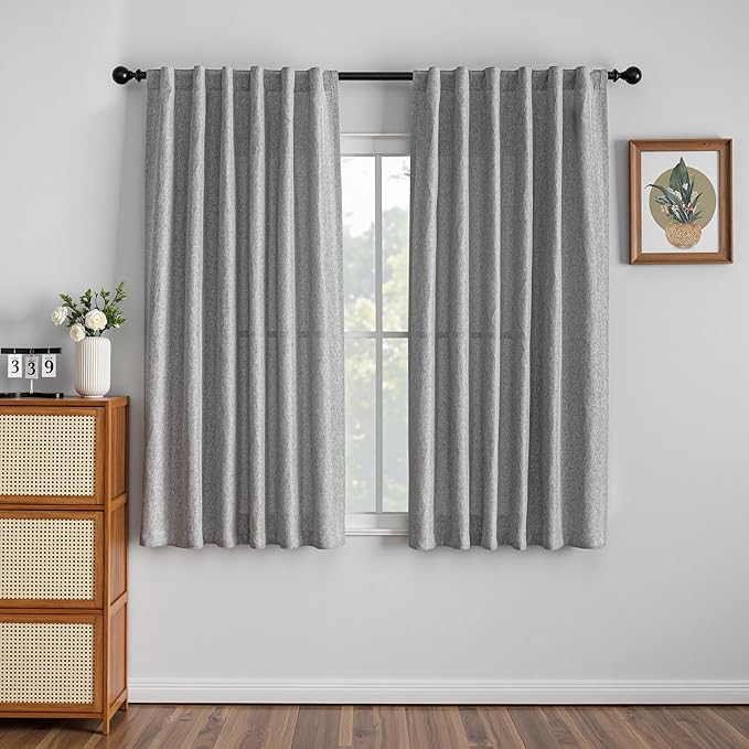 MYSKY HOME Grey Curtains for Bedroom 63 Inch Length Semi Sheer Kitchen Window Curtain Panels Linen Look Texture Light Filtering Privacy Drapes, Farmhouse Home Decor, 50" x 63", Dove Grey, 2 Pieces