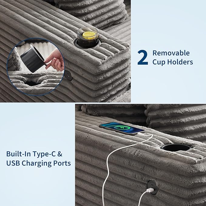 GarveeHome Oversized Chaise Lounge Chair Indoor, Comfy Corduroy Lounge Sofa with Charging Station, Cup Holders & Throw Pillows, Cozy Sleeper Couch for Living Room Apartments, Grey