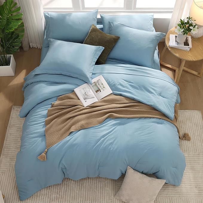 WRENSONGE Queen Comforter Set, 7 Pieces Soft Blue Bed in a Bag Queen with Fitted Sheet, Flat Sheet, 2 Pillow Shams, and 2 Pillowcases- Warm Bedding Sets for All Season