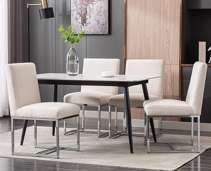 VESCASA Linen Upholstered Dining Chairs Set of 4, Mid Century Modern Padded Chair with Chrome Metal Frame for Restaurant, Dining Room, Kitchen, Cream