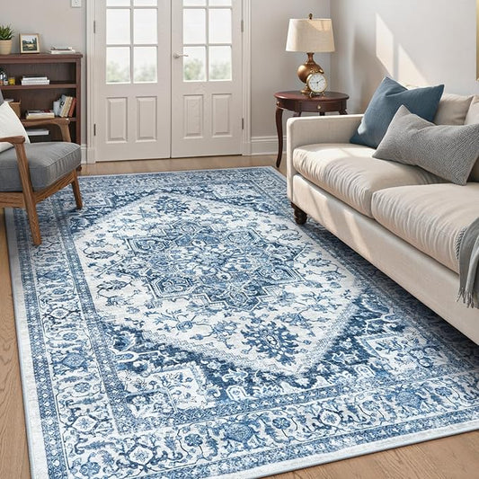 LIVEBOX Blue Washable Area Rug 5x7 - Large Vintage Tribal Living Room Non-Slip Indoor Carpet for Bedroom, Low-Pile Retro Print Distressed Accent for Nursery Entryway Office