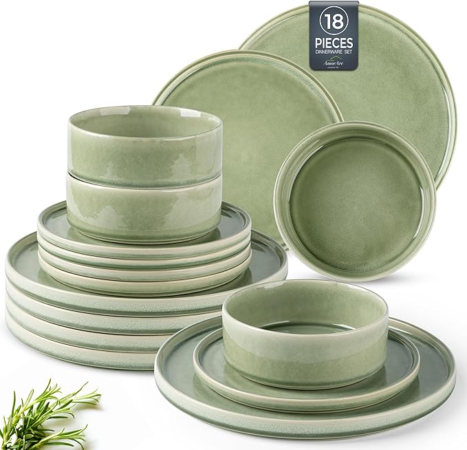 AmorArc Ceramic Dinnerware Sets, Handmade Reactive Glaze Stoneware Plates and Bowls Sets,Highly Chip and Crack Resistant | Dishwasher & Microwave Safe Dishes Set, Service for 6 (18pc)
