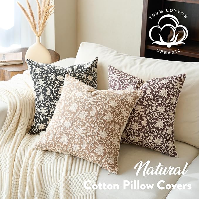 Floral Throw Pillow Covers 24x24 Farmhouse Block Print Pillow Covers Decorative Pillow Covers Couch Pillows for Living Room Vintage Accent Sofa Pillows Set of 2, Neutral