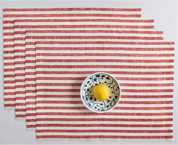 Solino Home Linen Placemats Set of 4 - Amalfi Stripe Red and White Placemats 14 x 19 Inch - 100% Pure Linen Place Mats