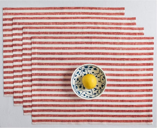 Solino Home Linen Placemats Set of 4 - Amalfi Stripe Red and White Placemats 14 x 19 Inch - 100% Pure Linen Place Mats