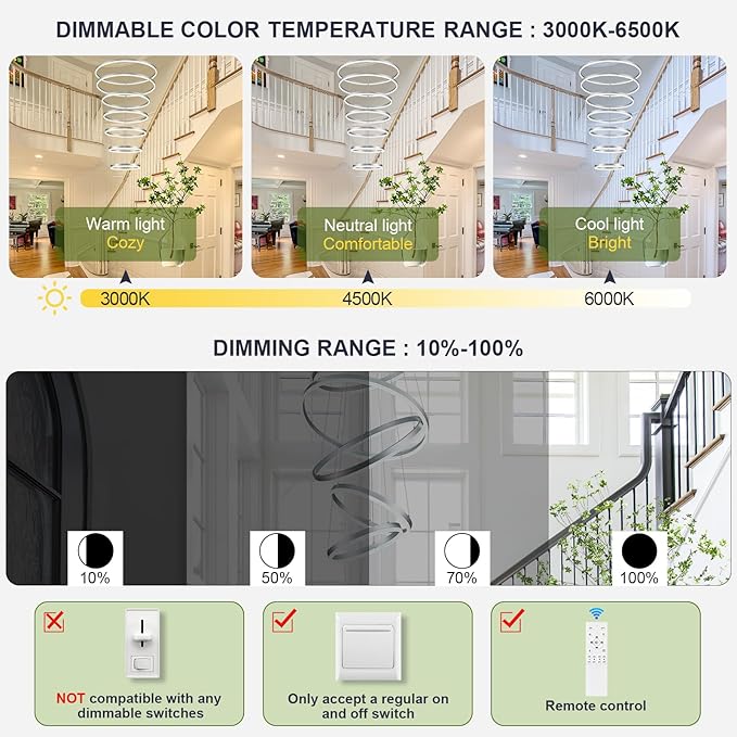 7 Rings Modern LED Chandelier Silver Dimmable Large Foyer Chandeliers Entryway High Ceiling for Staircase, High Ceiling Pendant Lights for Entryway Living Room, 3000K-6500K CCT