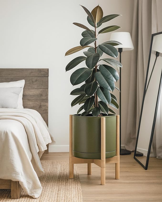 D'vine Dev Ceramic Planter with Natural Stand - 12 Inch Modern Round Flower Pot with Wood Planter Holder, Olive, 55-B-J-J