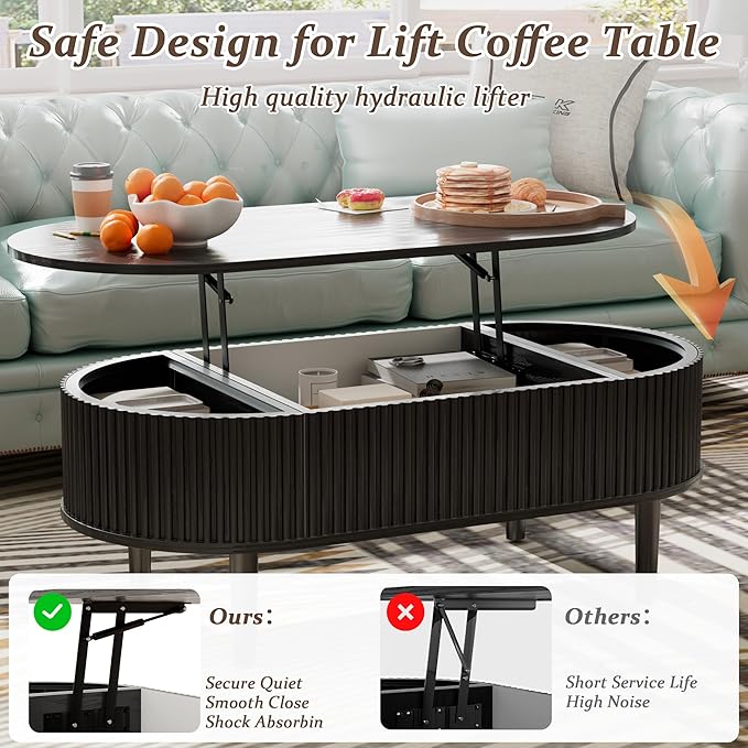 EAG Fluted Lift Top Coffee Table with Hidden Compartment, 39 Inch Modern Oval Coffee Table with 3 Storage, Fully Wooden Assembled Center Table for Living Room, Office, Black