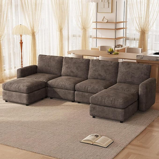 6-Seat Modular Sectional Sofa Couch with Ottoman Storage, Convertible Sleeper Sofas for Living Room Bedroom Apartment, Comfy Brown Cloud Futon Lounge Couches Furniture Set