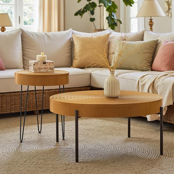 2 Piece Modern Farmhouse Living Room Coffee Table Set, Nesting Table Round Natural Finish with Handcrafted Wood Ring Motif, Wood Colour