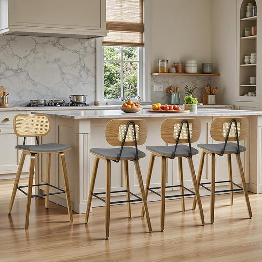 Counter Height Bar Stools Set of 4, Mid Century Modern Counter Stools, 26" Wood Kitchen Stool PU Leather Upholstered Barstools with Rattan Back, Counter Height Island Dining Bar Chair, Grey