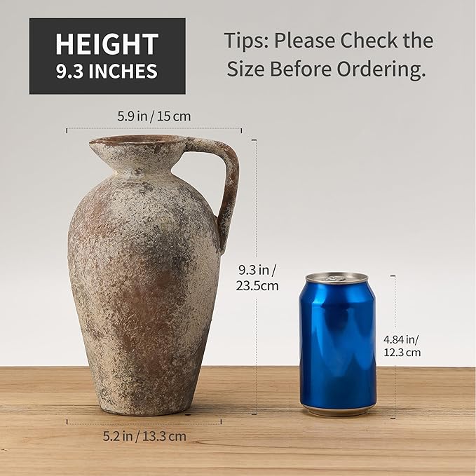 9.3 Inch Antique Ceramic Vase, Terracotta Vase with Handle, Tuscan Decor Farmhouse Decorative Vase, Rustic Vase for Home Decor, Living Room, Entryway, Wedding - Distressed Design, Gray