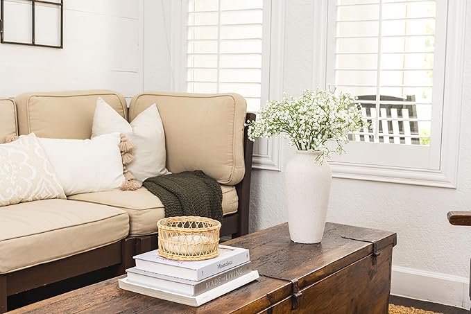 Laurel&Vine 12" Tall White Ceramic Vase, Speckled Textured Minimalist, with 15 Stems of 22" Faux Artificial White Babys Breath, Farmhouse Console Centerpiece Decor, Real Touch Fake Flowers in Vase