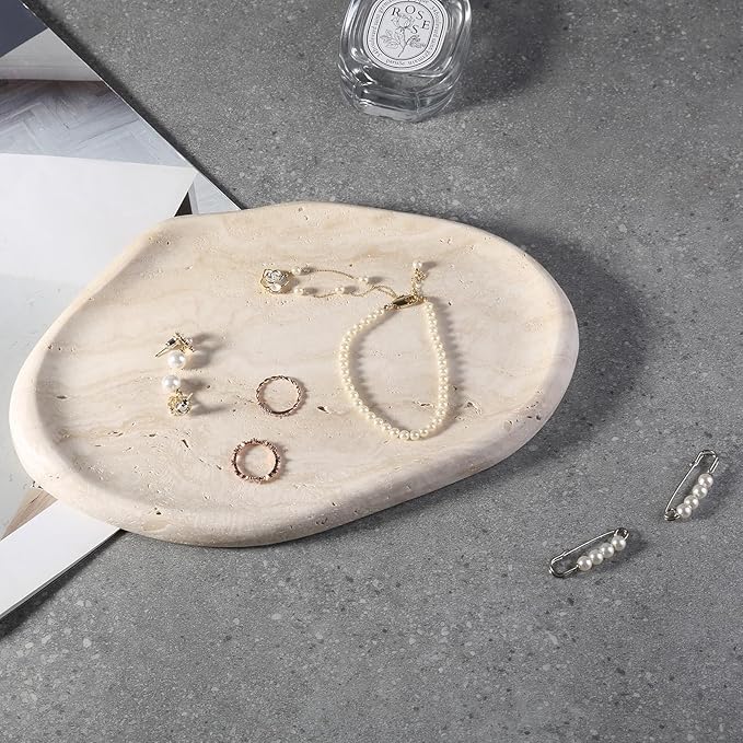 BCS Marble Jewelry Tray Trinket Dish, Decorative Cloud Vanity Key Tray for Women, Perfume Ring Holder Dish for Ring Earring, Cute Jewelry Plate Bowl Aesthetic Room Decor（Beige Travertine）