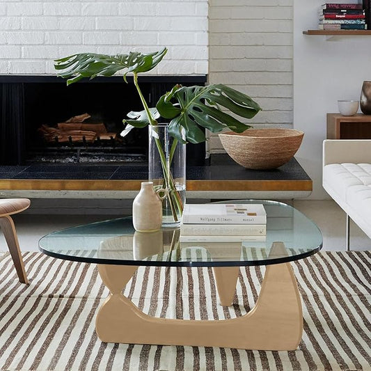 Triangle Glass Coffee Table with Solid Wood Base, 0.8'' Thick Clear Glass Top, 51'' Width Mid Century Modern Coffee Table for Living Room Bedroom Reception (Original Wood)