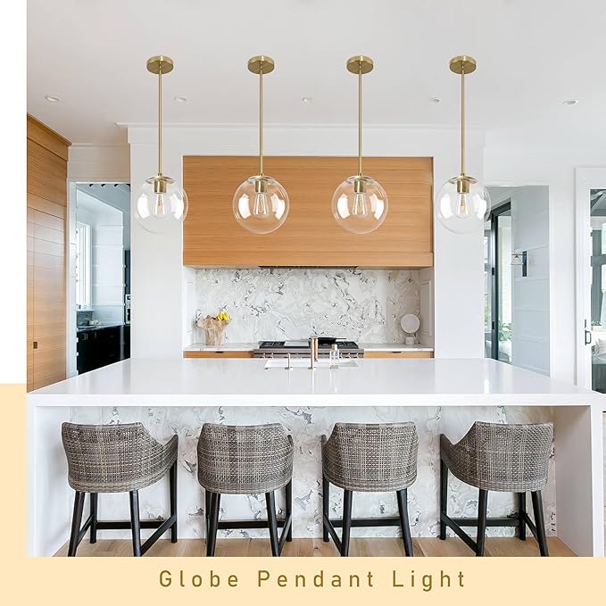 10 Inch Globe Pendant Light Gold Mid Century Pendant Light Adjustable Hanging Light Fixture Globe Pendant Lights Kitchen Island Clear Glass with Brass Finish for Dining Room