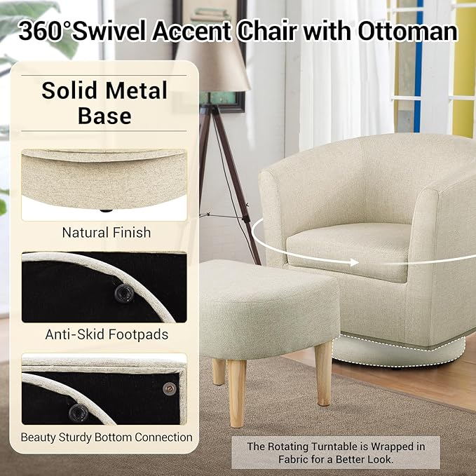 DAZONE Beige Swivel Accent Chair with Ottoman, Comfy Barrel Armchair for Small Spaces, 360° Modern Fabric Lounge Chair for Living Room, Bedroom, Reading Nook, Home Office