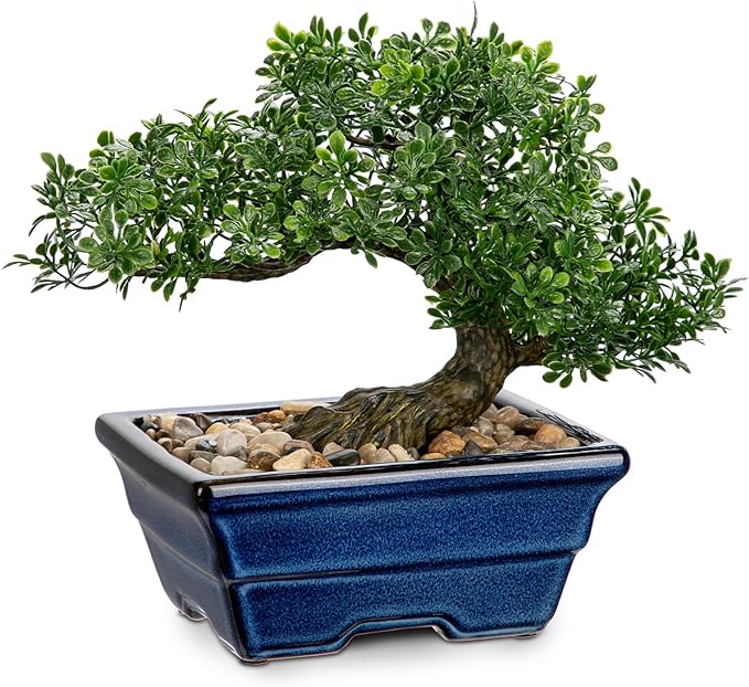 Artificial Bonsai Tree Faux Plants Indoor Fake Plants Decor with Blue Square Ceramic Pots for Home Table Office Desk Bathroom Shelf Bedroom Living Room Farmhouse Decorations