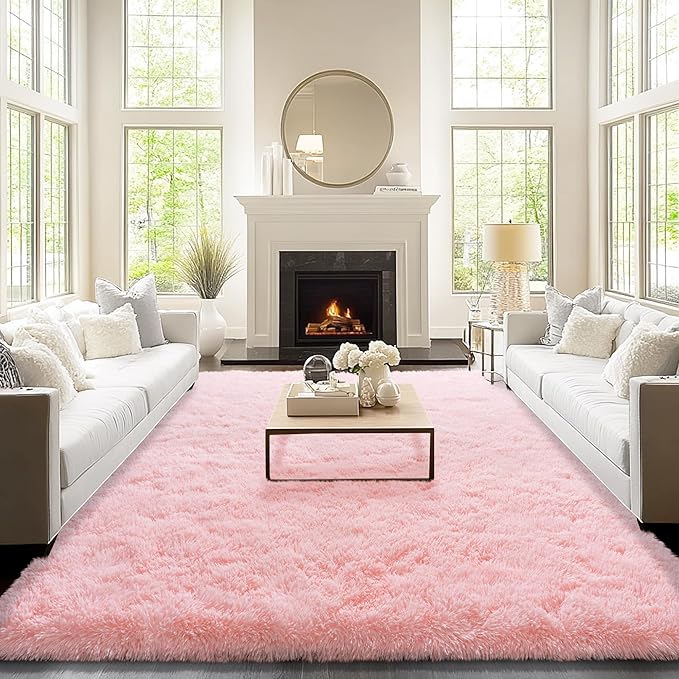 9x12 Area Rugs for Living Room, Pink Fluffy Shaggy Rug Soft Carpets, Big Rugs for Bedroom Nursery Kids Room Dorm Home Decor Aesthetic