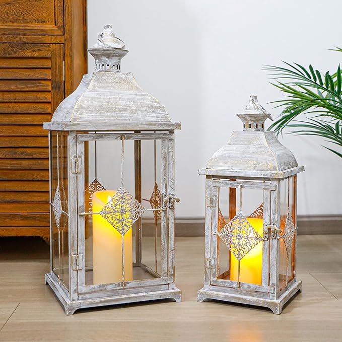 TRIROCKS 20"&15" H Decorative Candle Lantern Set of 2 Outdoor Lantern with Tempered Glass Metal Candle Holder for Porch Ideal for Country Style Gardens Home Decor Indoor Outdoor