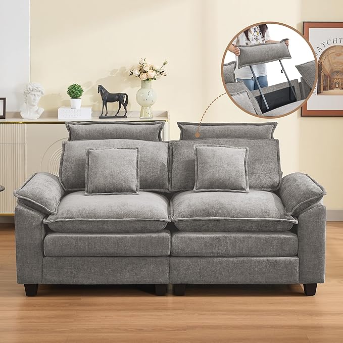 72'' Cloud Modern Loveseat Couch with Detachable Headrest, Modular Sectional Sofa Couch Deep Love Seat, Oversized 2 Seater Chenille Comfy Sofa with Armrests for Living Room, Light Grey