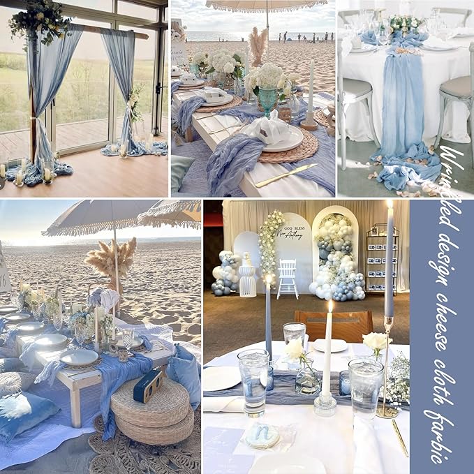 8 Pack Dusty Blue Cheesecloth Table Runner 35x120 Inches 10ft Boho Gauze Rustic Cheese Cloth Runners Long Romantic Sheer Christmas Table Runner for Wedding Bridal Baby Shower Party Decorations