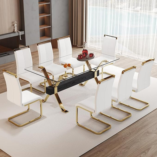 9 Piece Glass Dining Table Set, Kitchen Table Chairs Set for 8, 71'' Dining Table with 0.4" Tempered Glass Tabletop with Plated Metal Legs and MDF Crossbar, 8 PU Chairs for Dining Room, Kitchen.