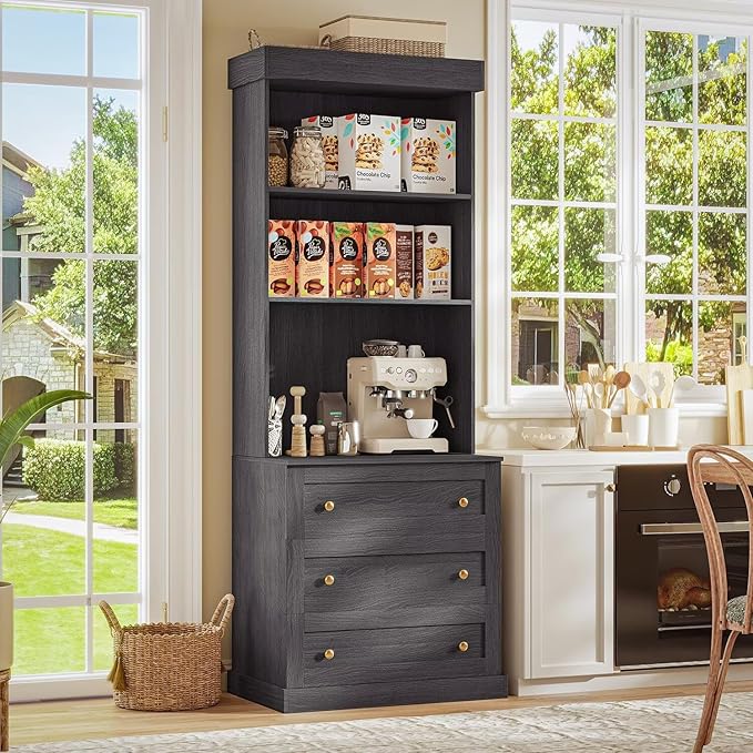 Vyre 71" Farmhouse Pantry Cabinet Set of 3, Black Freestanding Coffee Bar with Glass Doors, Drawers & Adjustable Shelves, Large Storage Hutch with Microwave Stand for Kitchen & Living Room