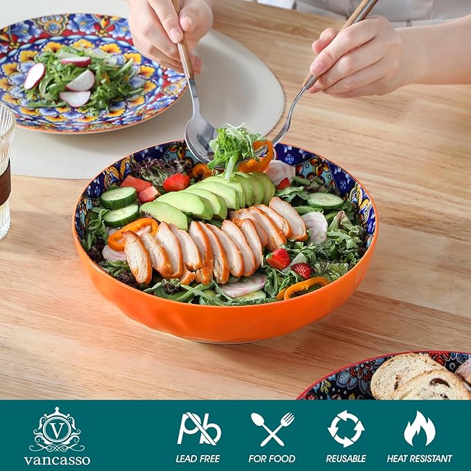 vancasso Large Serving Bowls, 78 Oz Extra Large Salad Bowls Set of 2, Bohemian Decorative Bowls for Salad, Fruit, Pasta and Dinner, Serving Dishes Set for Party, Dishwasher & Microwave Safe－Red