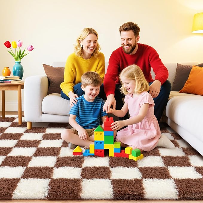 Checkered Rug for Living Room 6x9, Ultra Fluffy Fuzzy Shag Large Area Rug for Bedroom, Modern Plush Soft Upgrade Non-Slip Carpet for Kids Girls and Boys Room Dorm Home Decor, Cream and Coffee