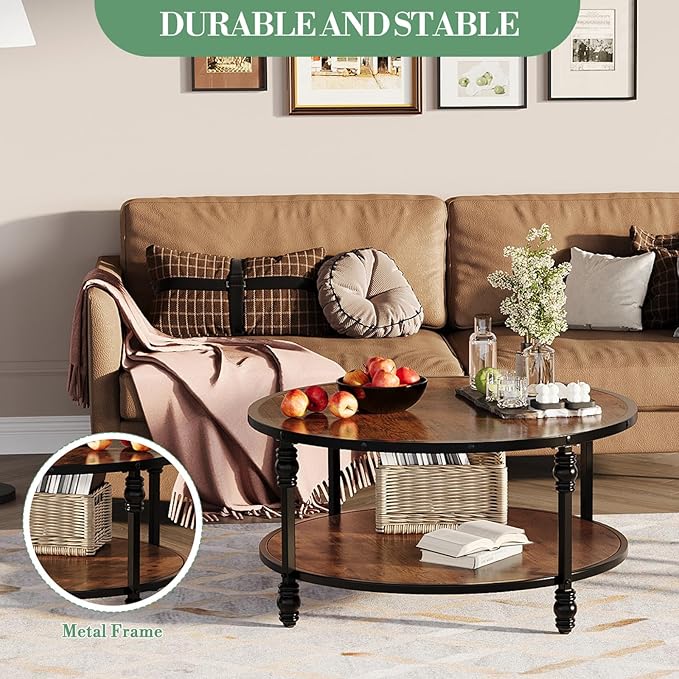 Round Coffee Table, Living Room Center Table with Storage Shelf, Rustic Wood Circle Coffee Table with Sturdy Metal Legs, 2-Tier Vintage Furniture for Living Room, Easy Assembly Accent Cocktail Table