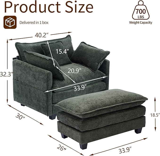 SweetGO corporation 40" Chenille Lounge Chair for Reading, Modern Couch Cozy Sofa Bed, Upholstered Living Room Single Sofa Accent Chair with Ottoman Set of 2, Green