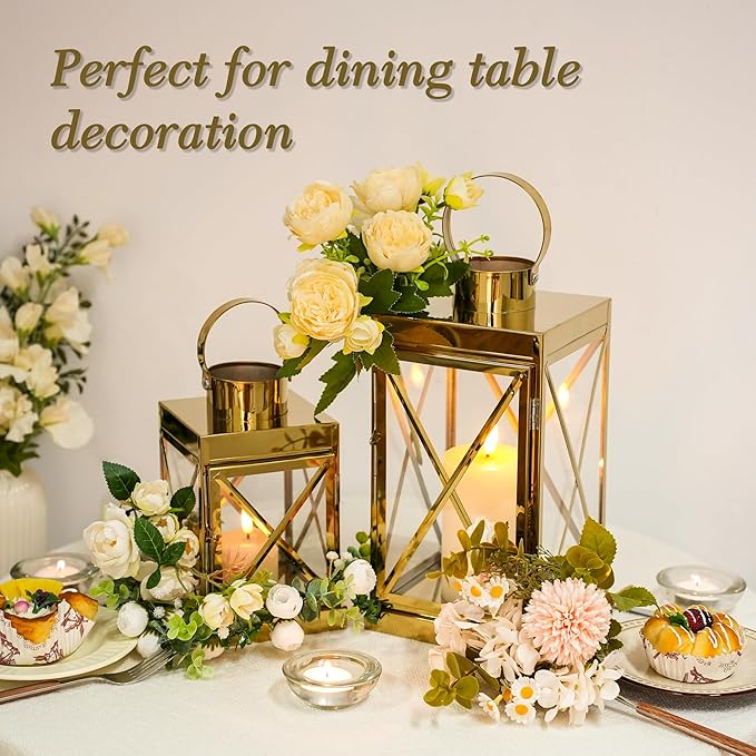 TRIROCKS Gold Stainless Steel Lantern Set of 3-Square Elegance 8/12/16 Inch Opulent Metal Candle Lanterns Candle Holder with Tempered Glass for Home Garden Indoor Outdoor Decor Celebratory Everyday