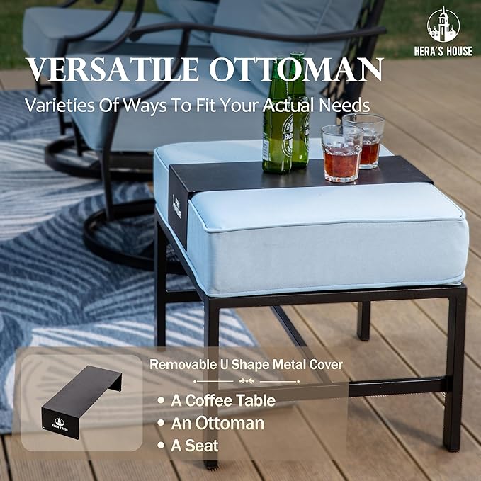 HERA'S HOUSE 6 Piece Patio Furniture Set, 2 x Rocking Cushioned Chair, 2 x Cushioned Ottoman, 1 x 3-Seat Sofa with Marbling Coffee Table, Outdoor Conversation Set for Lawn Garden Backyard, Blue