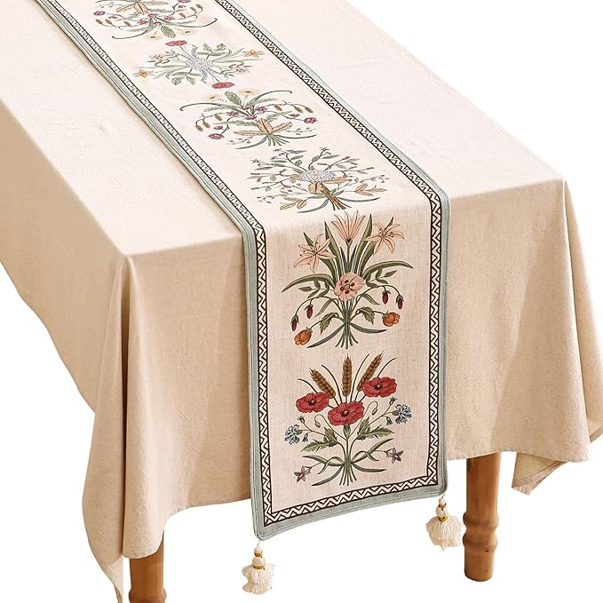 ISAENNE Designer French Country Linen Table Runner 102 Inches Long,Elegant Colorful Floral Pattern Table Runners for Dining Tables,Thanksgiving,Christmas,Kitchen Decor,12"*102"-Serenity F