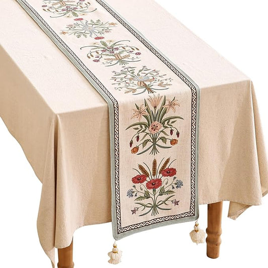 ISAENNE Designer French Country Linen Table Runner 71 Inches Long,Elegant Colorful Floral Pattern Table Runners for Dining Tables,Thanksgiving,Christmas,Kitchen Decor,12"*71"-Serenity F