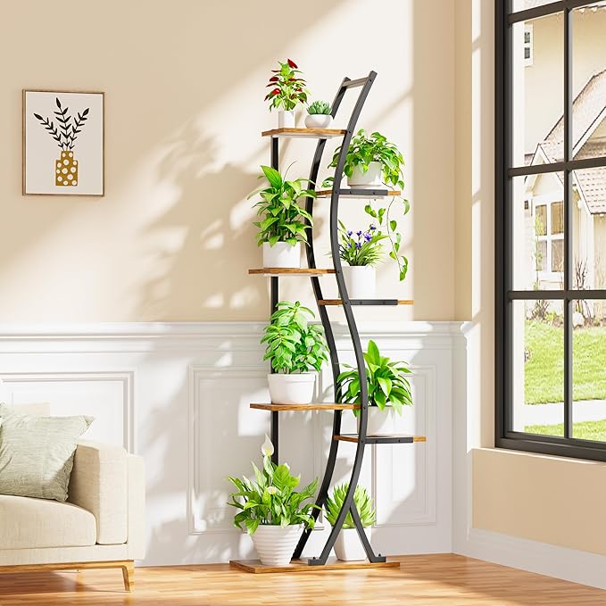 Plant Stand Indoor with Grow Lights - 7 Tiered Tall Metal Plant Shelf - Corner Wooden Plant Stand for Indoor Plants Multiple, Large S-Shape Flower Rack Holder for Living Room, Garden, Patio Decor, 62"