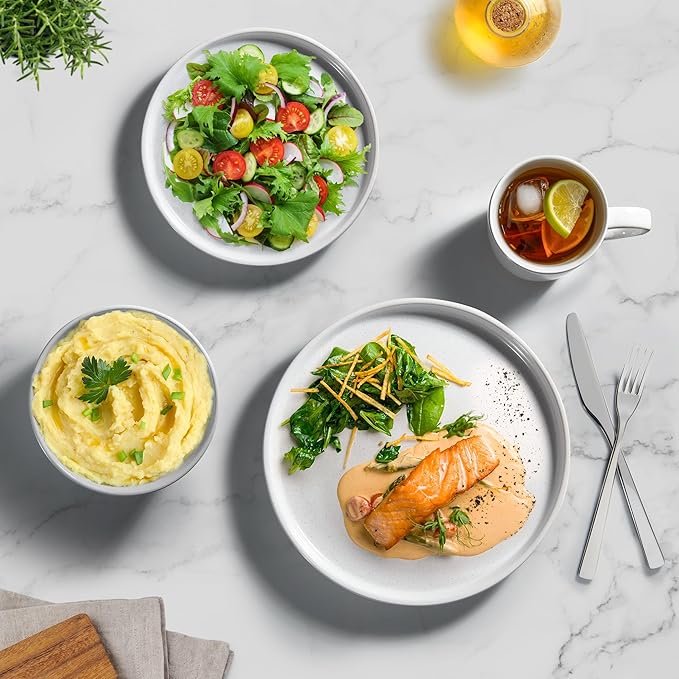 Zulay Kitchen Terra Stoneware Dinnerware Set, Artisanal Ceramic Plates and Bowls Set Crafted at 2300℉ - Service for 4, Speckled White