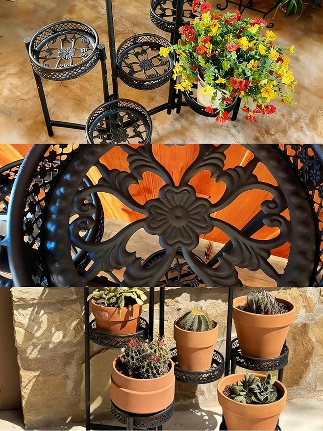 Plant Stand Indoor Outdoor, 5 Tier Corner Metal Flower Display Holder Shelf, Folding Tall Rack for Patio Balcony Porch Garden Living Room House, Heavy Duty Wrought Iron Plant Shelf- BlackWave