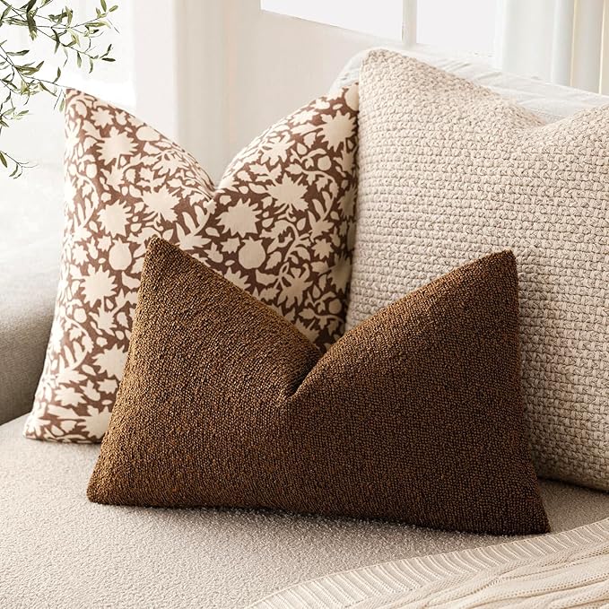 Foindtower Pack of 2 Textured Boucle Throw Pillow Covers Accent Solid Decorative Lumbar Pillow Cases Cozy Couch Cushion Case for Chair Sofa Bedroom Living Room Home Decor 12x20 Inch Hazel Brown
