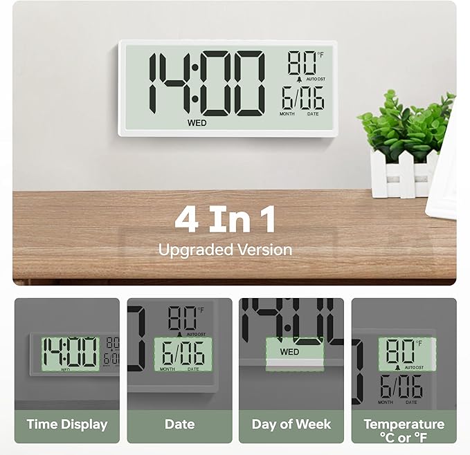 JALL 14.5" Large Digital Wall Clock Battery Operated with Big Digits LCD Display, Day, Date, Alarm, Auto DST, Temperature for Living Room, Bedroom, Desk, Mounted, Gift for Elderly (White, 14.5'')