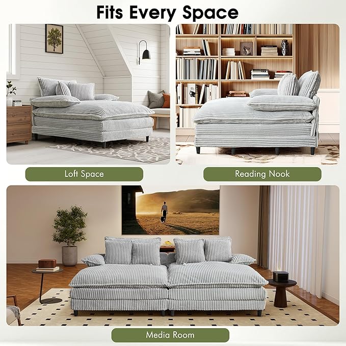 55" W Oversized Chaise Lounge Sofa Couch with 5-Position Adjustable Backrest, Corduroy Sleeper Chair Sofa Bed, Reading Chair ‌with Deep Seat, Cloud Couches for Living Room, Bedroom, Grey