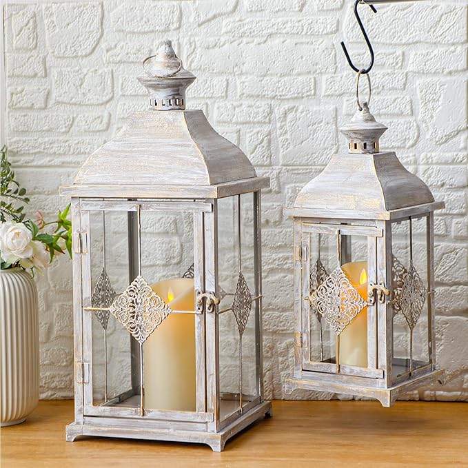 TRIROCKS 20"&15" H Decorative Candle Lantern Set of 2 Outdoor Lantern with Tempered Glass Metal Candle Holder for Porch Ideal for Country Style Gardens Home Decor Indoor Outdoor