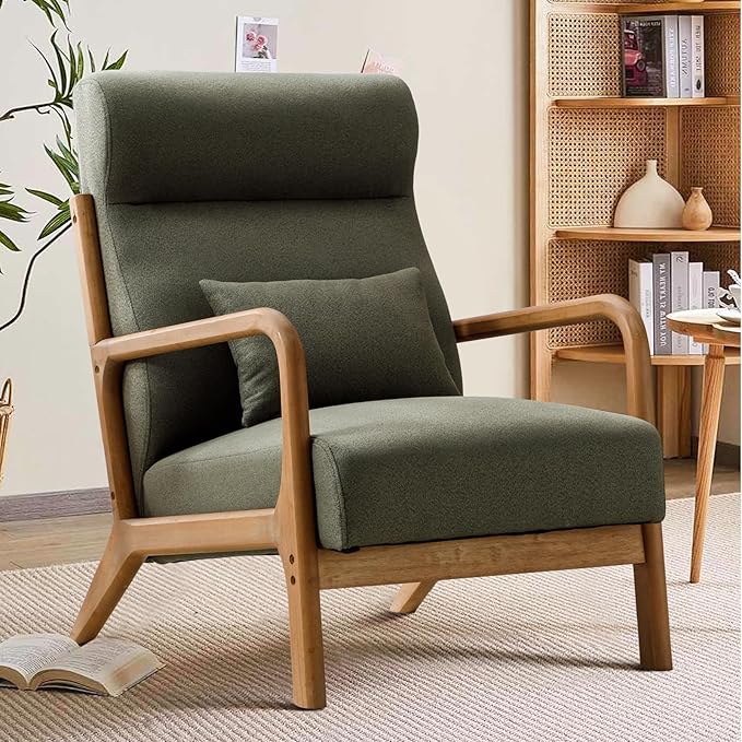 INZOY Mid Century Modern Accent Chair with High Back, Upholstered Living Room Chairs with Waist Cushion, Wood Frame Reading Armchair for Bedroom Sunroom, Green