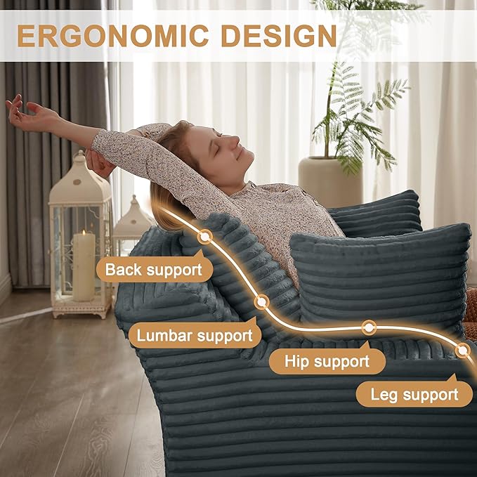 Boneless Couch Sofa Chiar Chaise Lounge Chair Indoor Upholstered Corduroy Couch Cloud Sleeper Sofa Oversized Reading Chair for Living Room No Assembly Required (Dark Grey, 50" W x 80" D)