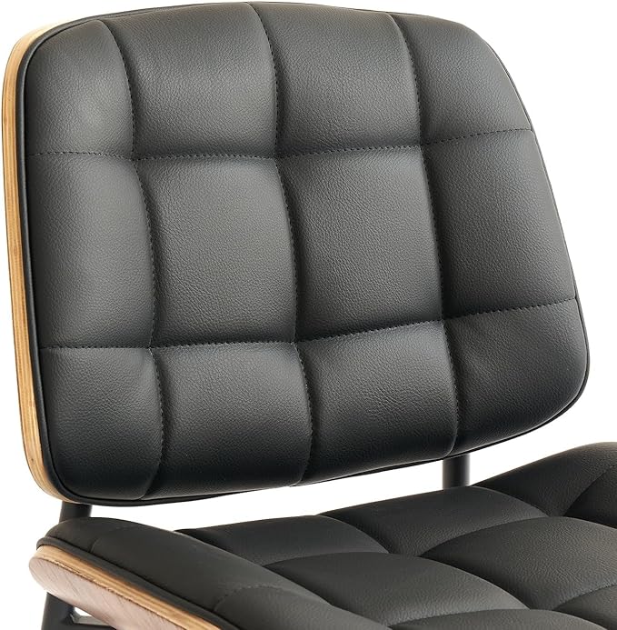 Mid Century Modern Dining Chairs with Walnut Grain Back, Black Faux Leather Dining Room Chairs Set of 2, Checkered Soft Cushion Kitchen Chairs with Adjustable Foot Pads