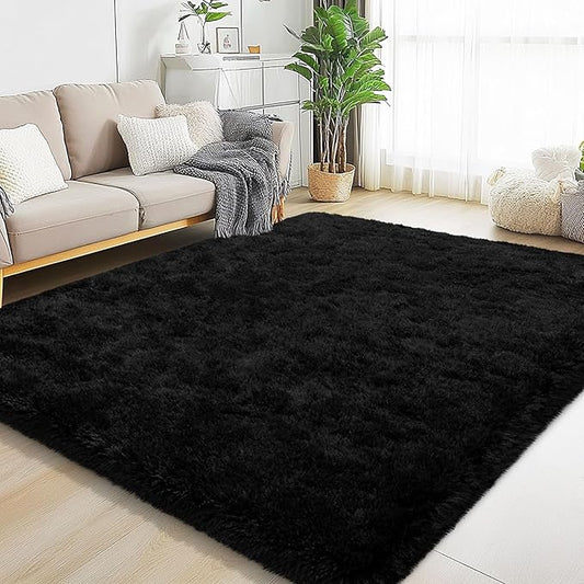 Black Area Rugs for Living Room, 5x7 Fluffy Shaggy Rug Soft Carpets, Rugs for Bedroom Nursery Kids Room Dorm Home Decor Aesthetic